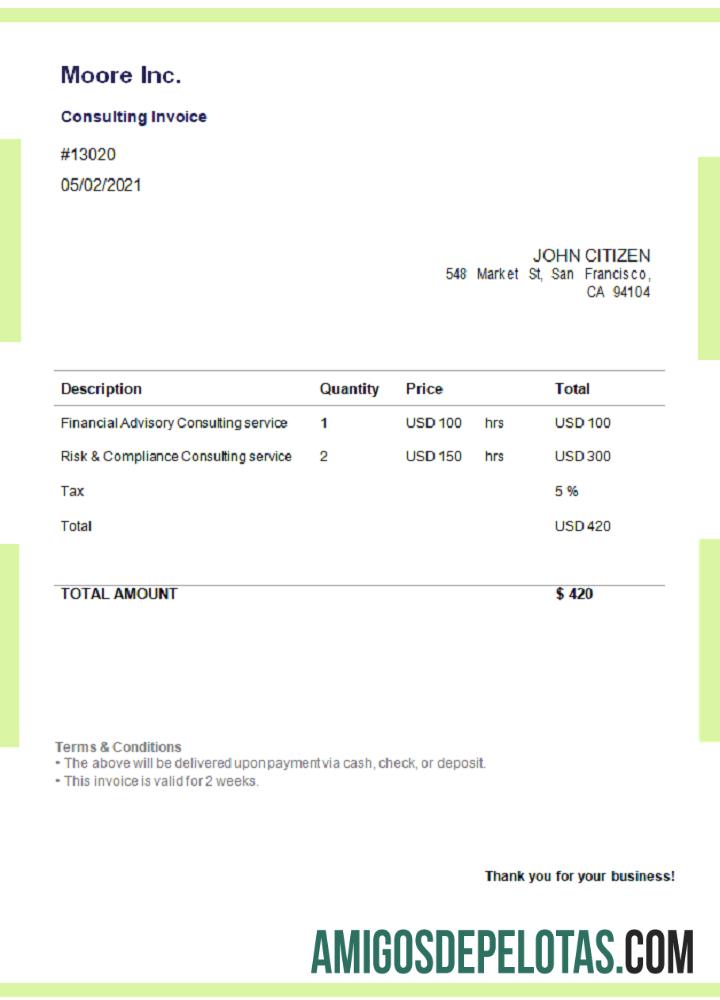 Fatura da Moore Inc. dos EUA exemplo